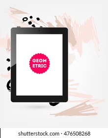 Tablet pc icon with abstract watercolor hipster background design. All aquarelle elements are monochrome and easy to recolor.