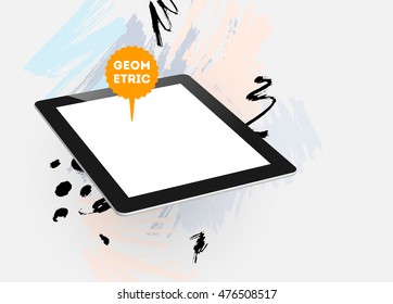 Tablet pc icon with abstract watercolor hipster background design. All aquarelle elements are monochrome and easy to recolor.