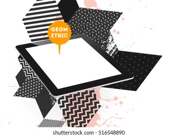 Tablet PC Icon with Geometric Background - Vector Illustration