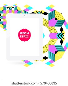 Icono de Tablet PC con fondo geométrico Memphis - Ilustración vectorial