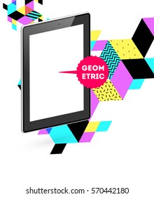 Tablet PC Icon with Memphis Geometric Background - Vector Illustration