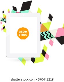 Tablet PC Icon with Memphis Geometric Background - Vector Illustration