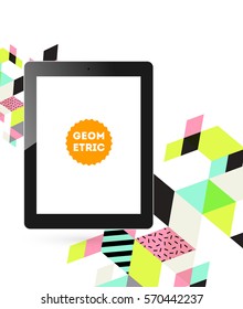 Tablet PC Icon with Memphis Geometric Background - Vector Illustration