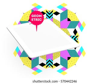 Tablet PC Icon with Memphis Geometric Background - Vector Illustration