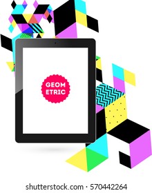 Icono de Tablet PC con fondo geométrico Memphis - Ilustración vectorial