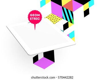 Icono de Tablet PC con fondo geométrico Memphis - Ilustración vectorial