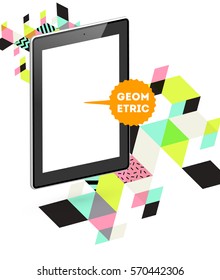 Tablet PC Icon with Memphis Geometric Background - Vector Illustration