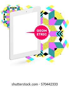 Tablet PC Icon with Memphis Geometric Background - Vector Illustration