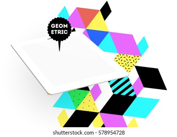 Tablet PC Icon with Memphis Geometric Background - Vector Illustration