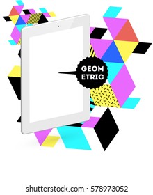 Tablet PC Icon with Memphis Geometric Background - Vector Illustration