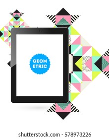 Tablet PC Icon with Memphis Geometric Background - Vector Illustration