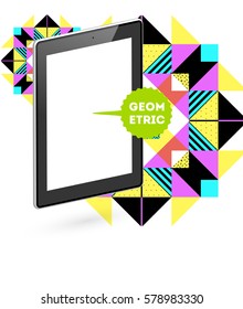 Icono de Tablet PC con fondo geométrico Memphis - Ilustración vectorial