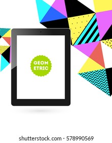 Tablet PC Icon with Memphis Geometric Background - Vector Illustration