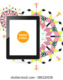 Tablet PC Icon with Memphis Geometric Background - Vector Illustration