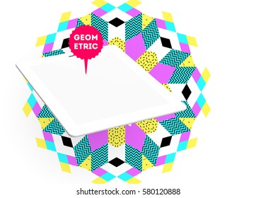 Tablet PC Icon with Memphis Geometric Background - Vector Illustration