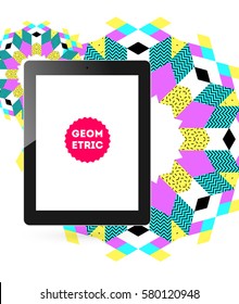 Icono de Tablet PC con fondo geométrico Memphis - Ilustración vectorial