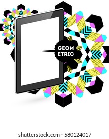 Tablet PC Icon with Memphis Geometric Background - Vector Illustration