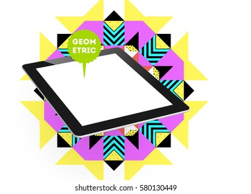 Icono de Tablet PC con fondo geométrico Memphis - Ilustración vectorial