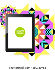 Tablet PC Icon with Memphis Geometric Background - Vector Illustration