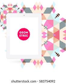 Tablet PC Icon with Memphis Geometric Background - Vector Illustration