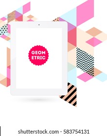 Tablet PC Icon with Memphis Geometric Background - Vector Illustration