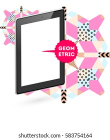 Tablet PC Icon with Memphis Geometric Background - Vector Illustration