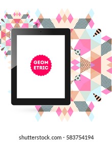 Tablet PC Icon with Memphis Geometric Background - Vector Illustration