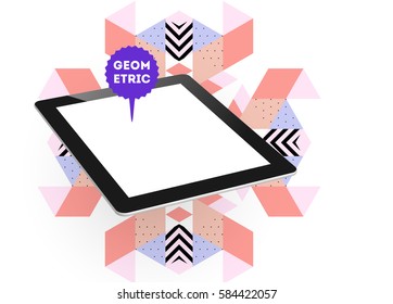 Tablet PC Icon with Memphis Geometric Background - Vector Illustration