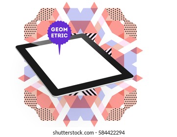 Tablet PC Icon with Memphis Geometric Background - Vector Illustration