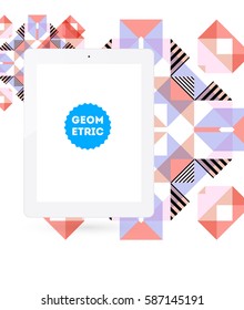 Tablet PC Icon with Memphis Geometric Background - Vector Illustration