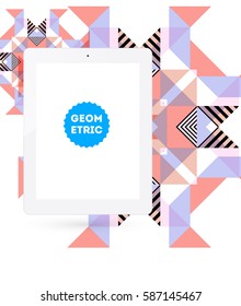 Tablet PC Icon with Memphis Geometric Background - Vector Illustration