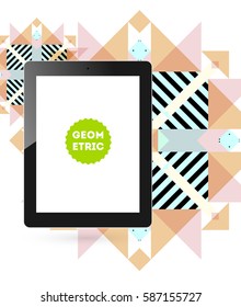 Tablet PC Icon with Memphis Geometric Background - Vector Illustration