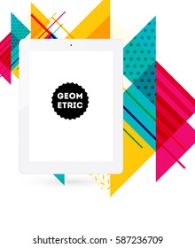 Icono de Tablet PC con fondo geométrico Memphis - Ilustración vectorial