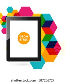 Tablet PC Icon with Memphis Geometric Background - Vector Illustration