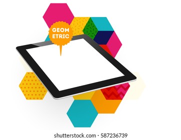 Tablet PC Icon with Memphis Geometric Background - Vector Illustration