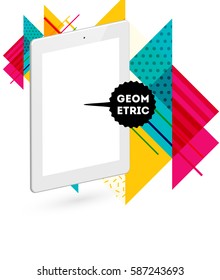 Tablet PC Icon with Memphis Geometric Background - Vector Illustration