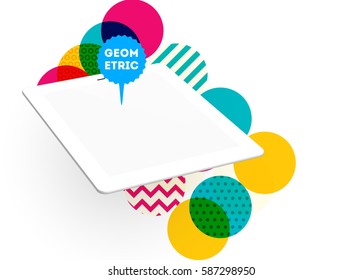 Tablet PC Icon with Memphis Geometric Background - Vector Illustration