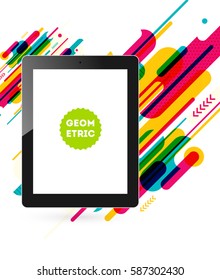 Icono de Tablet PC con fondo geométrico Memphis - Ilustración vectorial