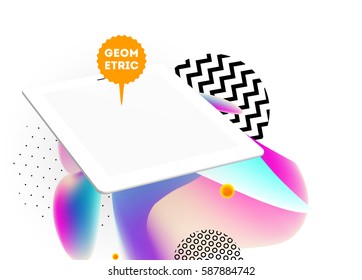 Tablet PC Icon with Memphis Geometric Background - Vector Illustration