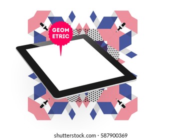 Tablet PC Icon with Memphis Geometric Background - Vector Illustration