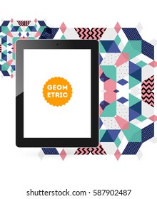 Tablet PC Icon with Memphis Geometric Background - Vector Illustration