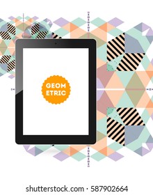 Tablet PC Icon with Memphis Geometric Background - Vector Illustration