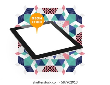 Icono de Tablet PC con fondo geométrico Memphis - Ilustración vectorial