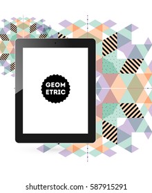 Icono de Tablet PC con fondo geométrico Memphis - Ilustración vectorial