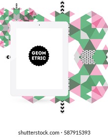 Tablet PC Icon with Memphis Geometric Background - Vector Illustration