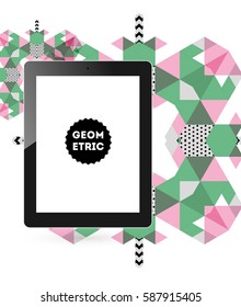 Tablet PC Icon with Memphis Geometric Background - Vector Illustration