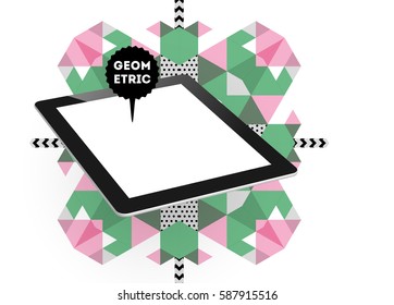 Tablet PC Icon with Memphis Geometric Background - Vector Illustration
