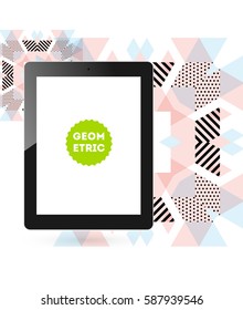 Tablet PC Icon with Memphis Geometric Background - Vector Illustration