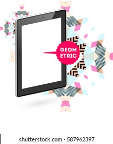 Tablet PC Icon with Memphis Geometric Background - Vector Illustration