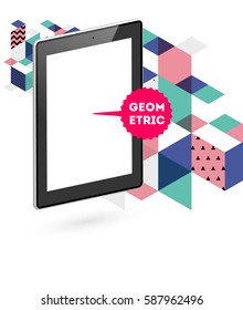Tablet PC Icon with Memphis Geometric Background - Vector Illustration
